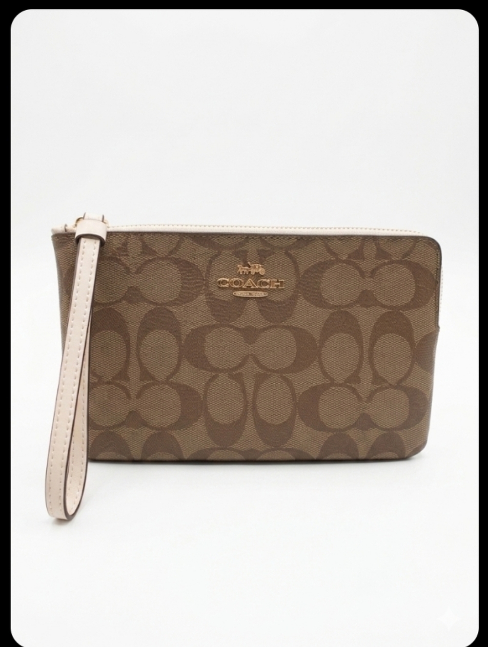 Coach Brown Signature Canvas Wristlet with Cream Strap